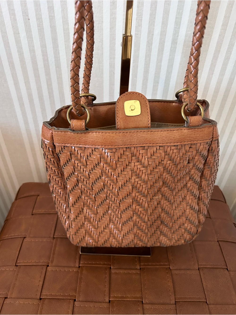 Vintage Liz Claiborne Weave Bucket Bag Brown Woven Leather Purse - Picture 8 of 11